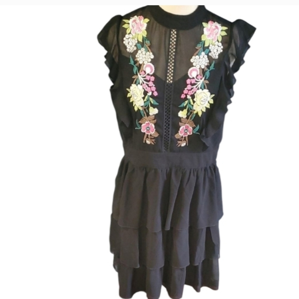 A.Moss Johnny Was Inspired Black Ruffled Tiered Mini Dress Mock Neck - Picture 4 of 17